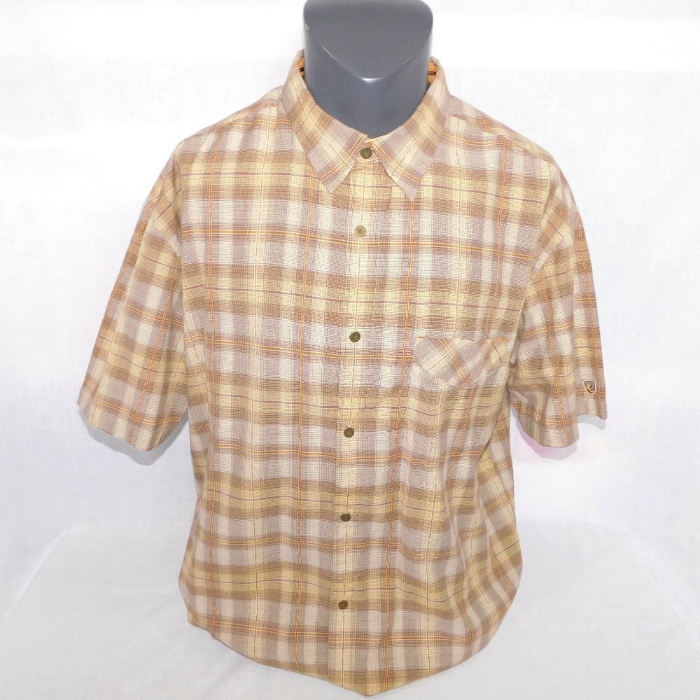 KUHL Short Sleeve Button Front Brown Tan Plaid short sleeve Shirt Mens 2XL